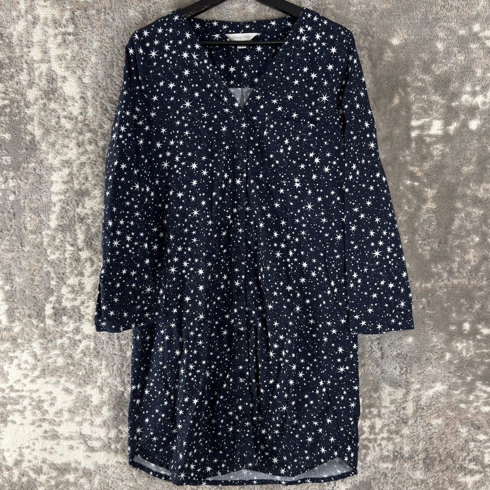 Garnet Hill Size S Organic Pima Cotton Star Print Button Shirt Mini Dress Navy